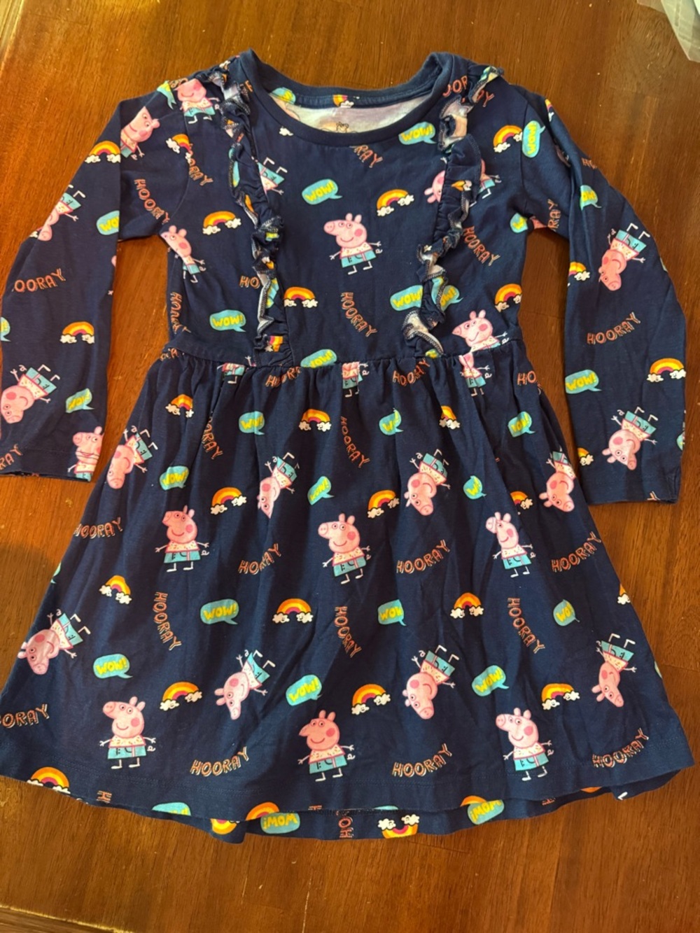 Peppa Pig Navy Long-Sleeve Ruffle Front Dress with Pink Characters Size 5